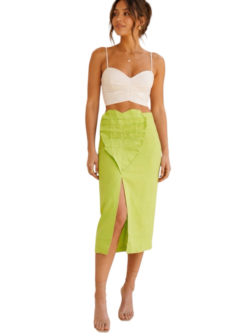 FARM Rio Mia Leaf Linen Midi Skirt Green Front Slit Tropical Resort Boho Sz M